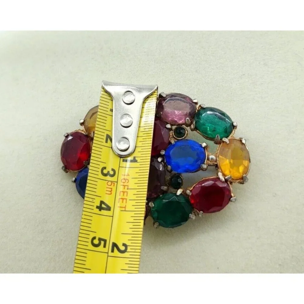 Vintage Unbranded Gold Tone Oval Brooch Multicolor Rhinestone Fruit‎ Salad Heavy